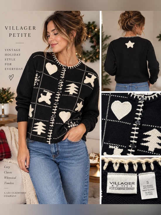 villager Sweaters - Villager Petite Vintage Christmas Cardigan Reindeer Snowflake Black Cream S